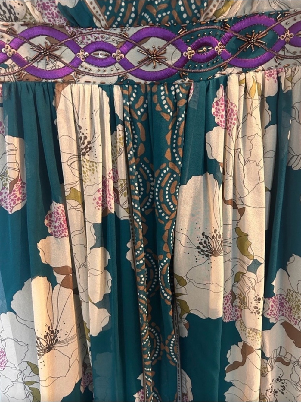 Adrianna Papell Teal Floral V-Neck Dress with Purple Embellished Waist - Picture 7 of 13